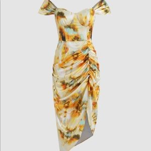 Illusion tie dye ruched midi dress with slit